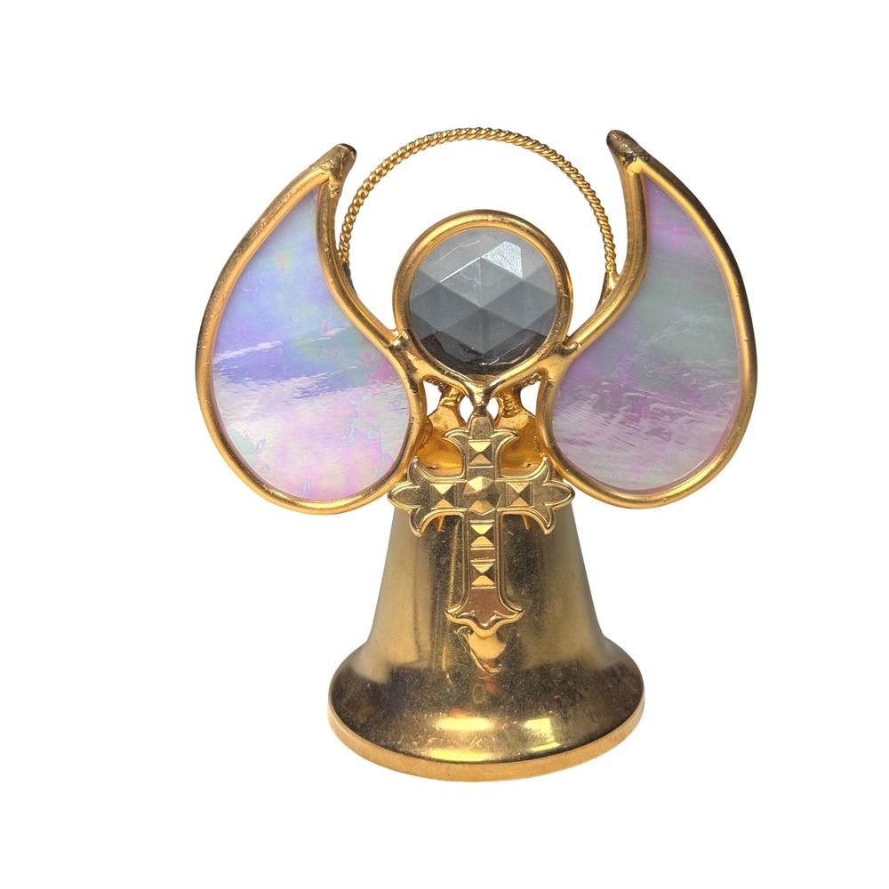 Gold Angel Bell Stained Glass‎ Wings Crystal Gemstone Cross Halo Decor